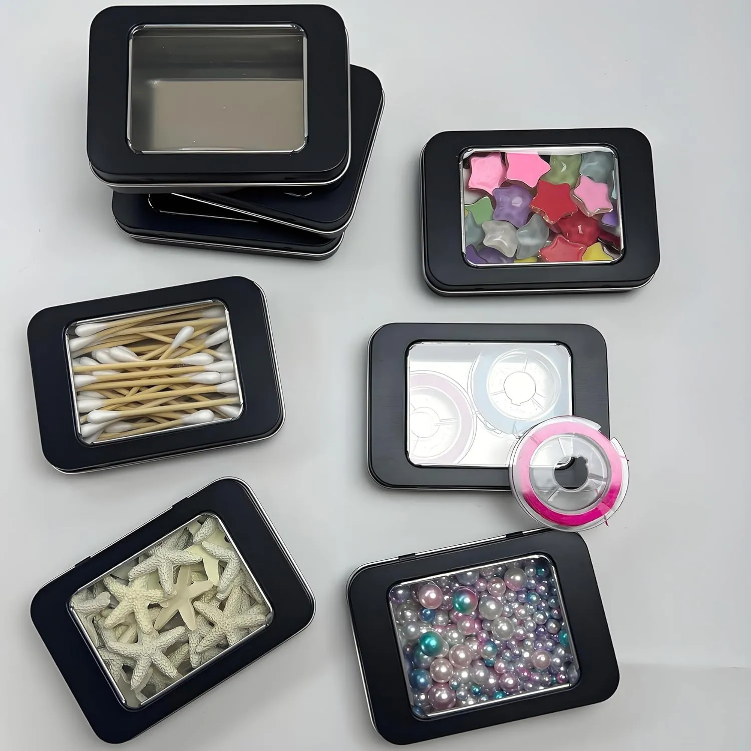 8 Pack Tin Container Box with Clear Window Lid - Compact,Versatile,Metal Storage Boxes for Everyday Use Small Tins Mint Candy box,Bead box,DIY tin Gift Packaging (Black, 8 Pcs 3.94 x 2.76 x 0.8 In)