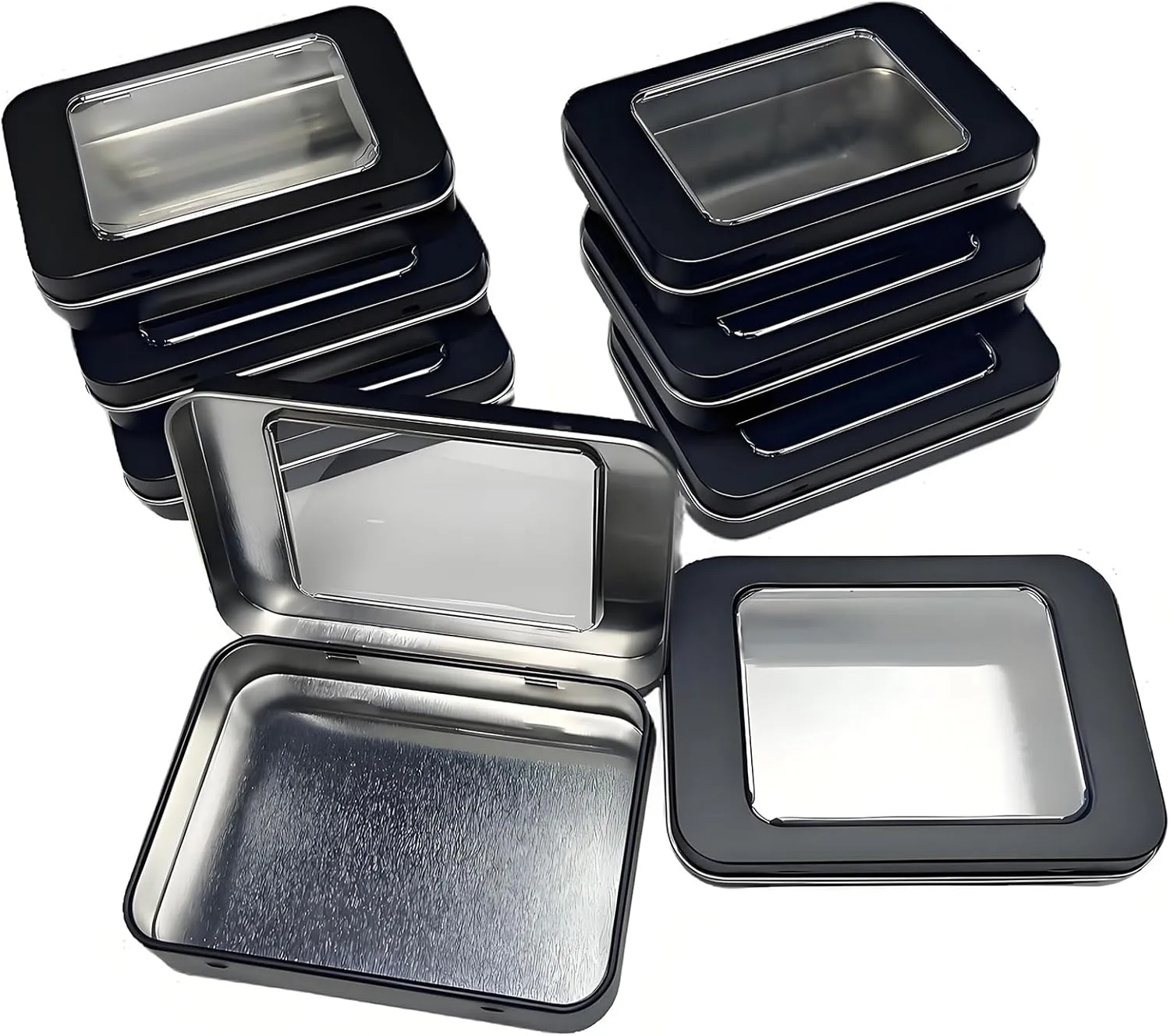 8 Pack Tin Container Box with Clear Window Lid - Compact,Versatile,Metal Storage Boxes for Everyday Use Small Tins Mint Candy box,Bead box,DIY tin Gift Packaging (Black, 8 Pcs 3.94 x 2.76 x 0.8 In)