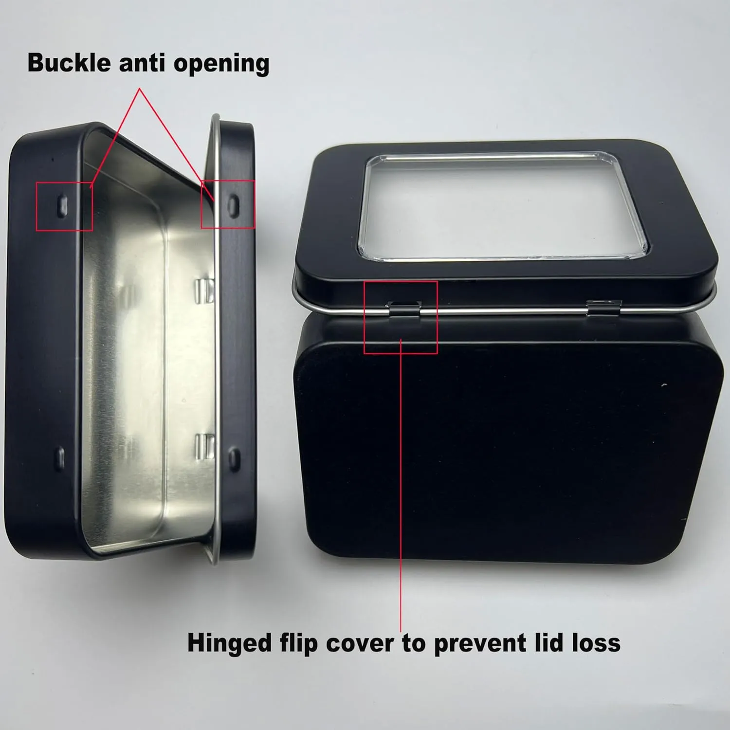 8 Pack Tin Container Box with Clear Window Lid - Compact,Versatile,Metal Storage Boxes for Everyday Use Small Tins Mint Candy box,Bead box,DIY tin Gift Packaging (Black, 8 Pcs 3.94 x 2.76 x 0.8 In)