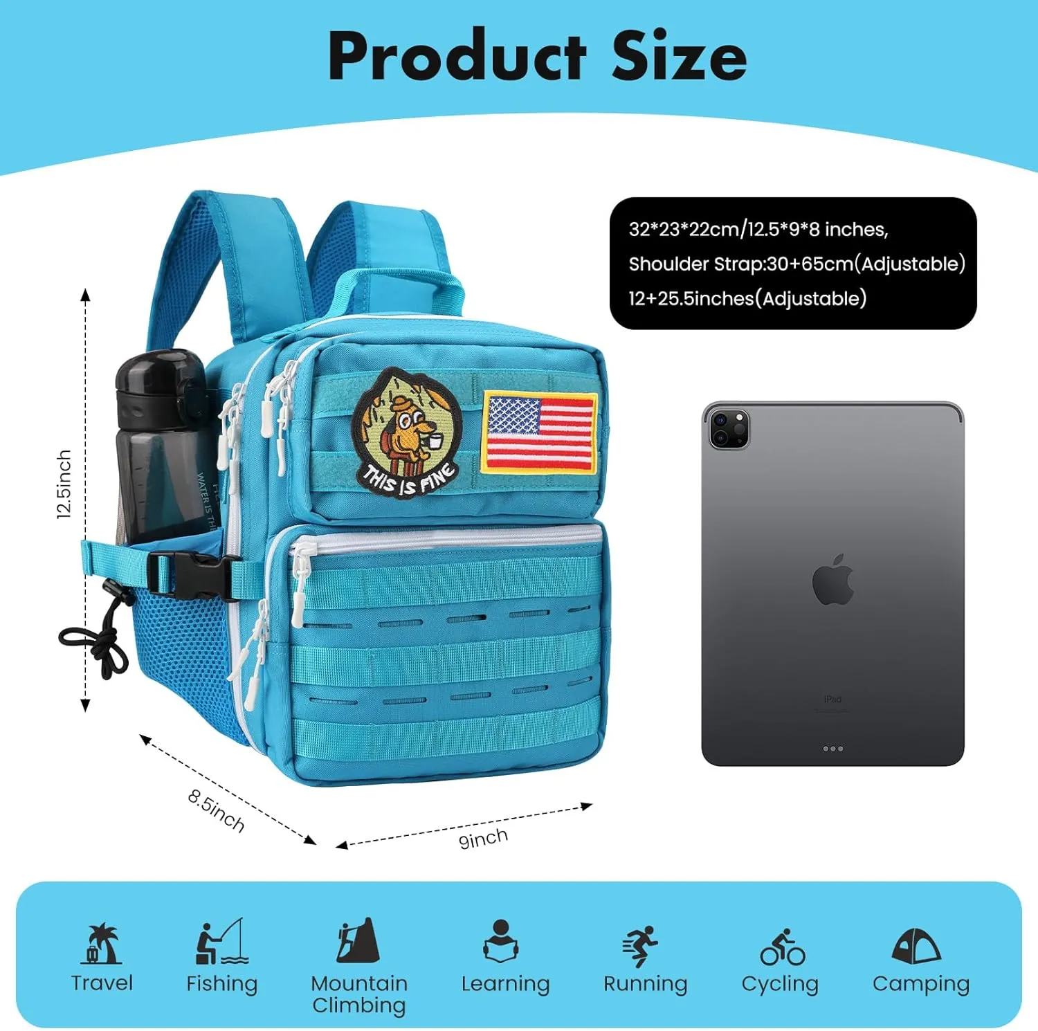 9L Mini Tactical Backpack Small Military Gym Backpack for Men Women Molle Daypack Camping Backpack with Patch(Turquoise)