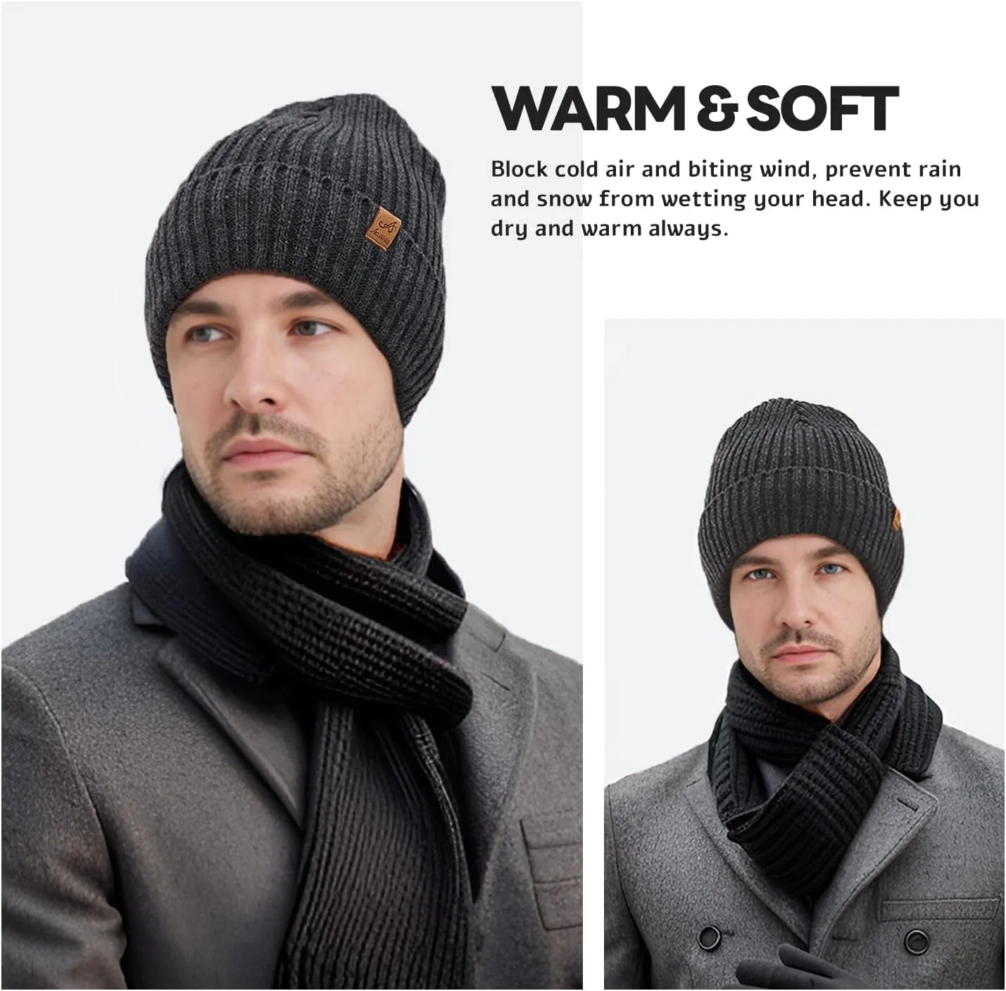 ACUSHLA Waterproof Windproof Cuff Beanie - Thick Fleece Lined Knit Winter Hat for Men & Women Warm Watch Cap for Cold Weather