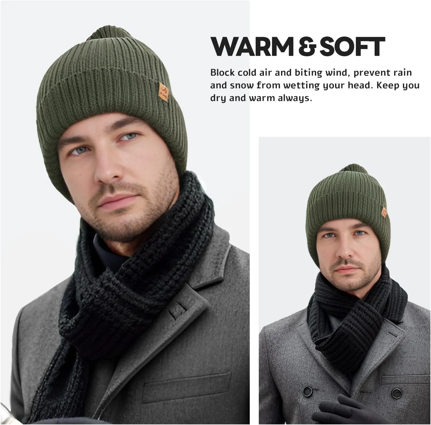ACUSHLA Waterproof Windproof Cuff Beanie - Thick Fleece Lined Knit Winter Hat for Men & Women Warm Watch Cap for Cold Weather