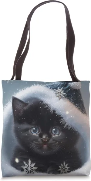 Adorable Black Christmas Kitten Trapped In A Snowstorm Tote Bag