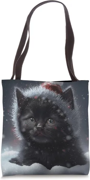 Adorable Black Christmas Kitten Trapped In A Snowstorm Tote Bag