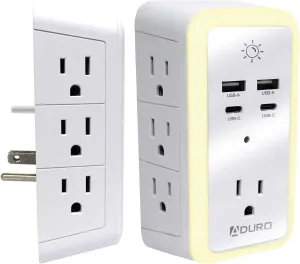 Aduro Multi Plug Outlet Extender with Surge Protector and Night Light, White – Wall Charger Power Strip with Adapter 7 Outlets, 2 USB & 2 Type-C Charging Ports – for Home Office Travel, ETL Listed