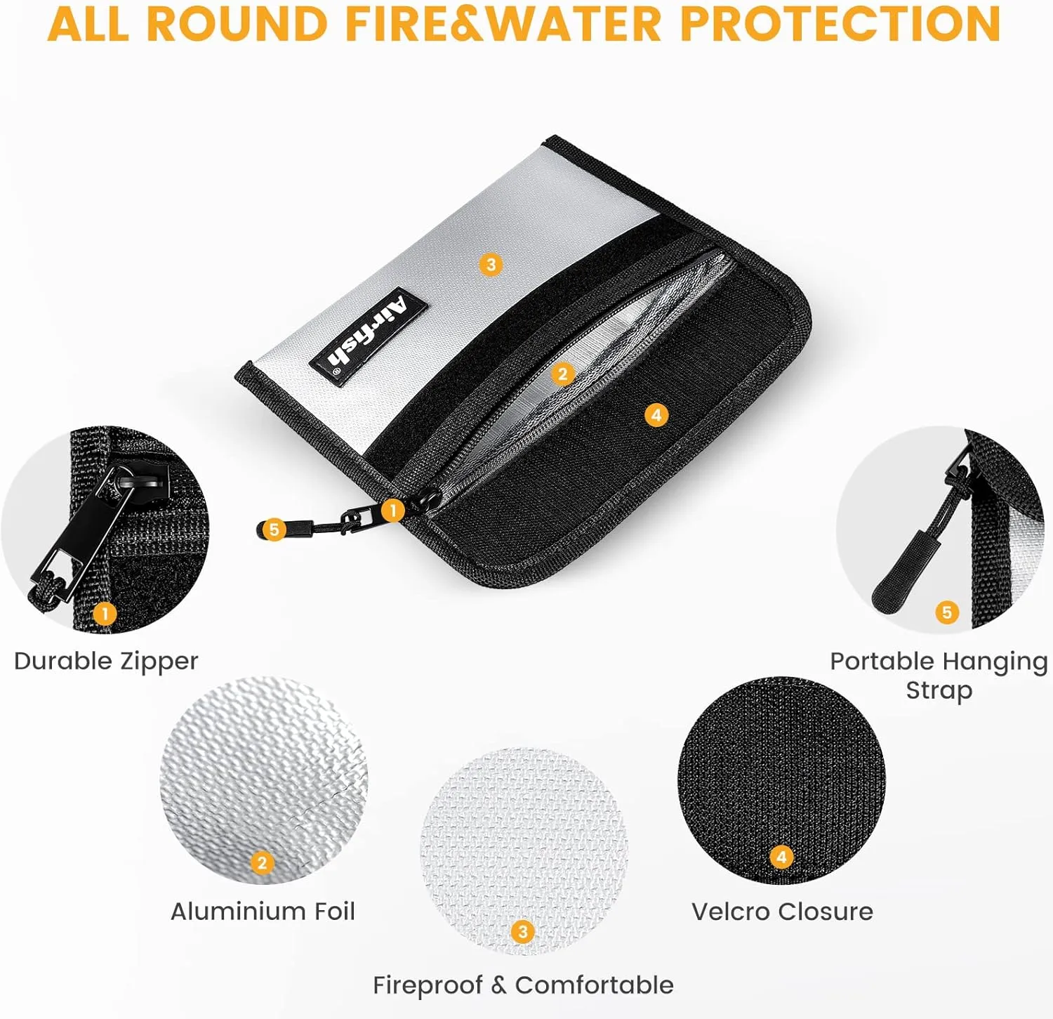 Airfish Fireproof Money Bag, 5 x 8 inches Fireproof Wallet, Waterproof Cash Bag with Zipper, Small Fireproof Cash Bag for Valuables