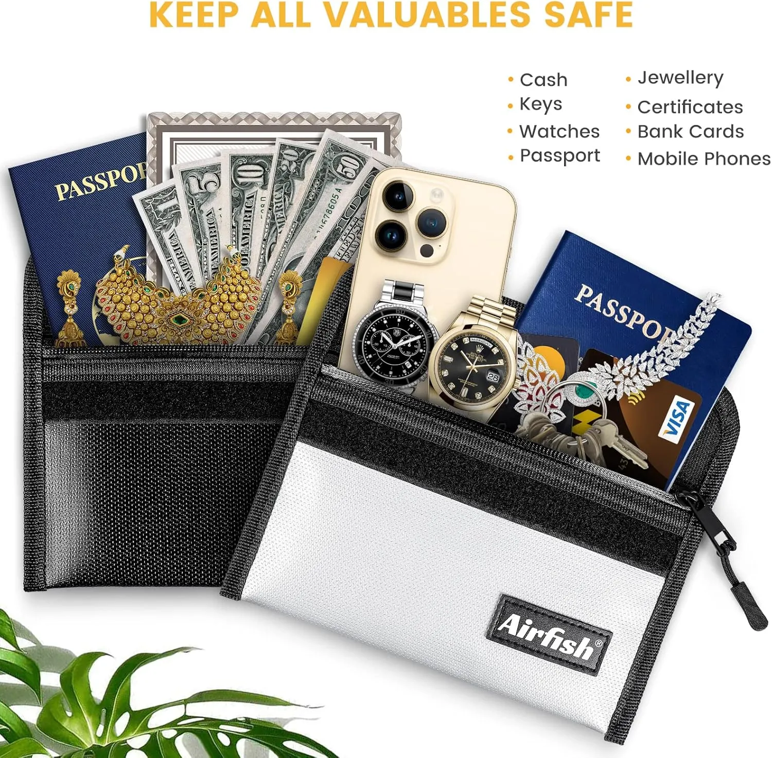 Airfish Fireproof Money Bag, 5 x 8 inches Fireproof Wallet, Waterproof Cash Bag with Zipper, Small Fireproof Cash Bag for Valuables