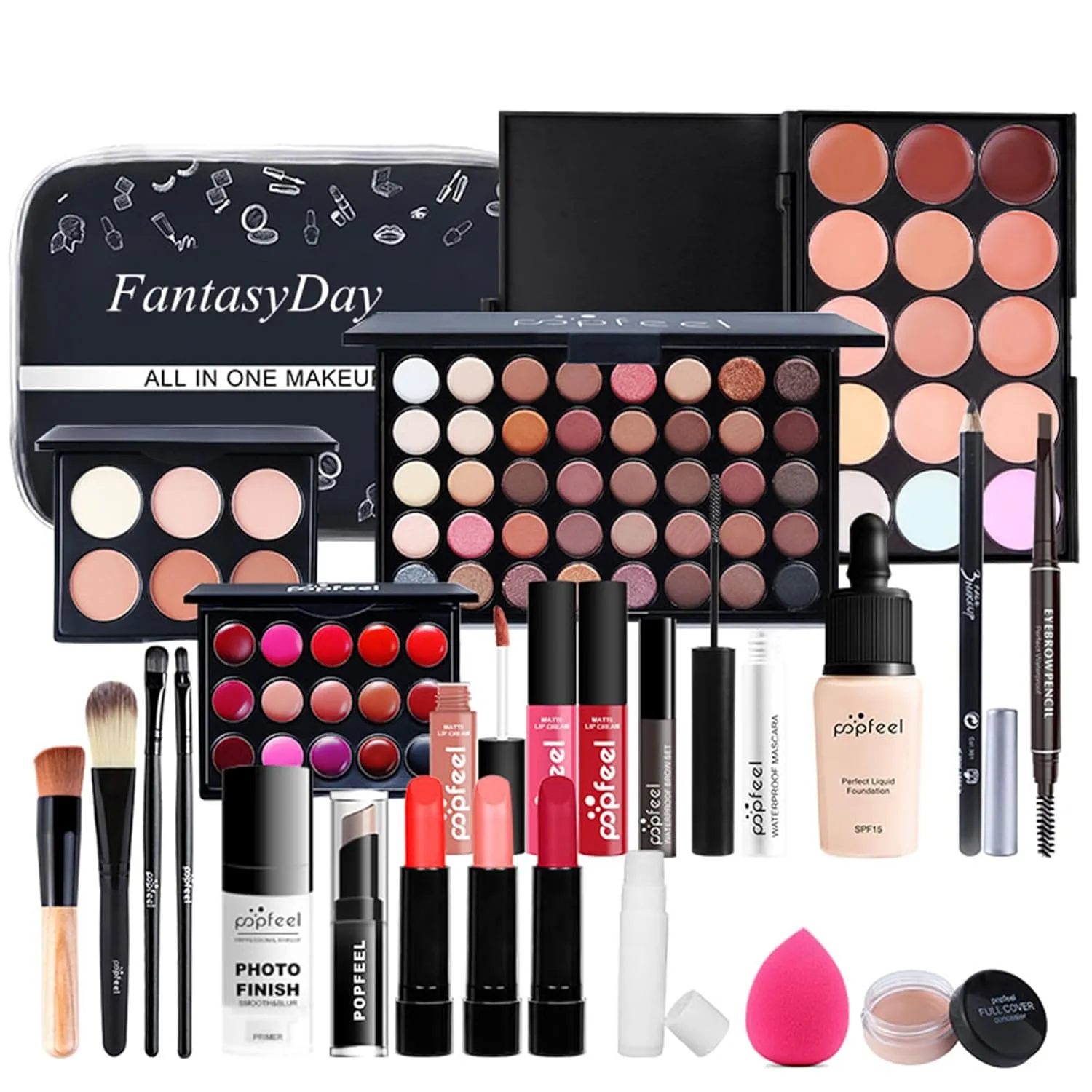 All in One Makeup Kit for Women Full Kit Girls Makeup Gift Sets Xmas Essential Bundle Include Eyeshadow Palette Lipstick Blush Concealer Eyeliner Mascara Foundation Brush Eyebrow Pencil