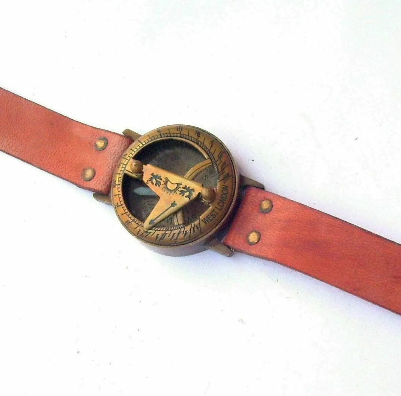 AM Nautical Antique Compass Wrist Watch Brass Sundial Nautical Leather Watch Compass Steampunk Gift
