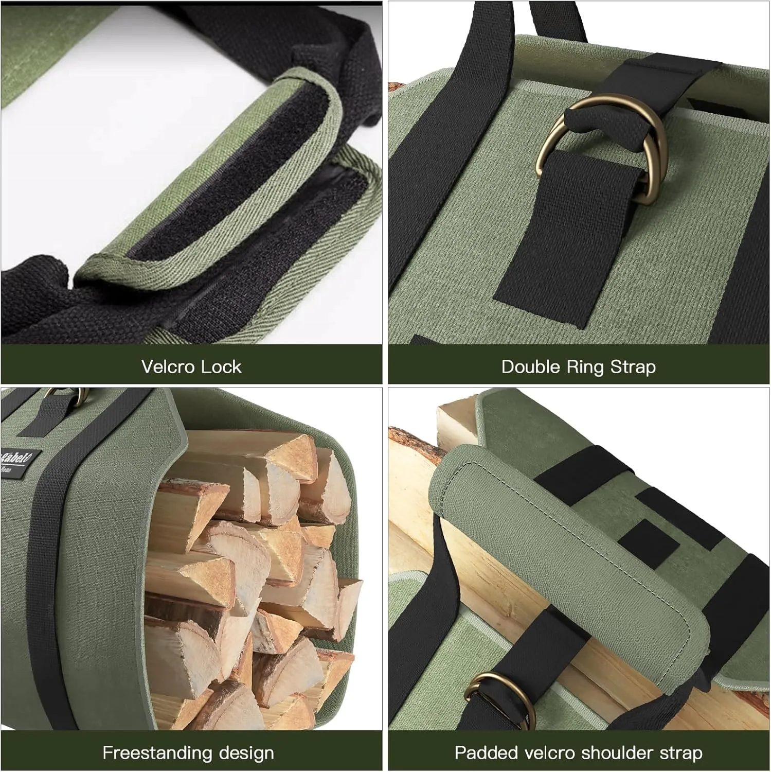 Amagabeli Firewood Carrier Bag Canvas Waxed Large Firewood Log Tote Carrying Indoor Bag Firewood Tote Fire Place Log Holders Outdoor Fire Wood Carrier with Handless Wood Stove Accessories Green