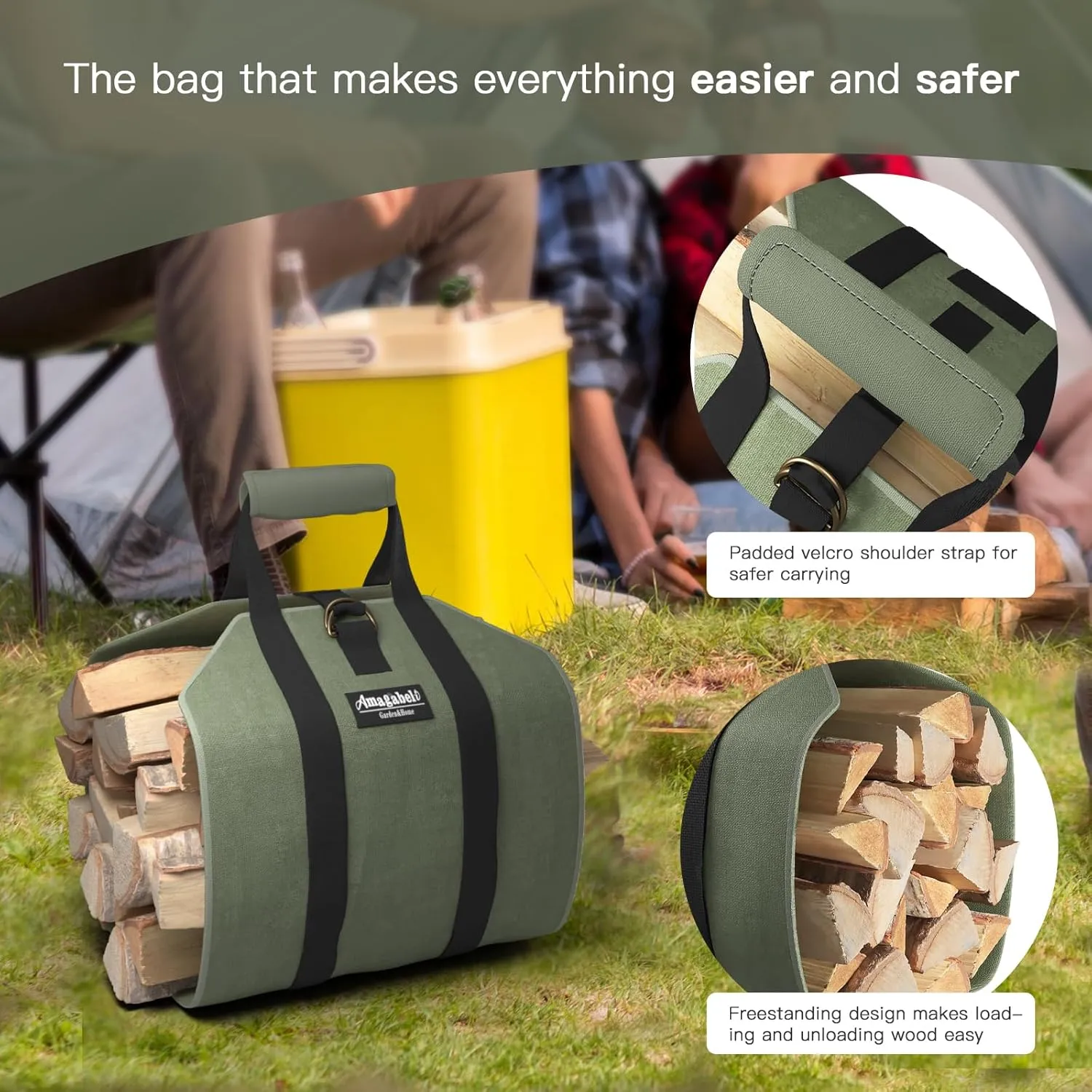 Amagabeli Firewood Carrier Bag Canvas Waxed Large Firewood Log Tote Carrying Indoor Bag Firewood Tote Fire Place Log Holders Outdoor Fire Wood Carrier with Handless Wood Stove Accessories Green