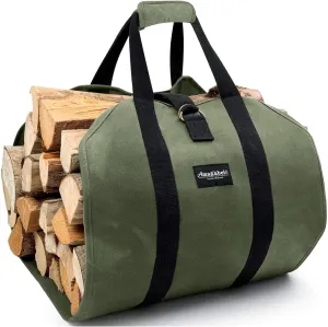 Amagabeli Firewood Carrier Bag Canvas Waxed Large Firewood Log Tote Carrying Indoor Bag Firewood Tote Fire Place Log Holders Outdoor Fire Wood Carrier with Handless Wood Stove Accessories Green