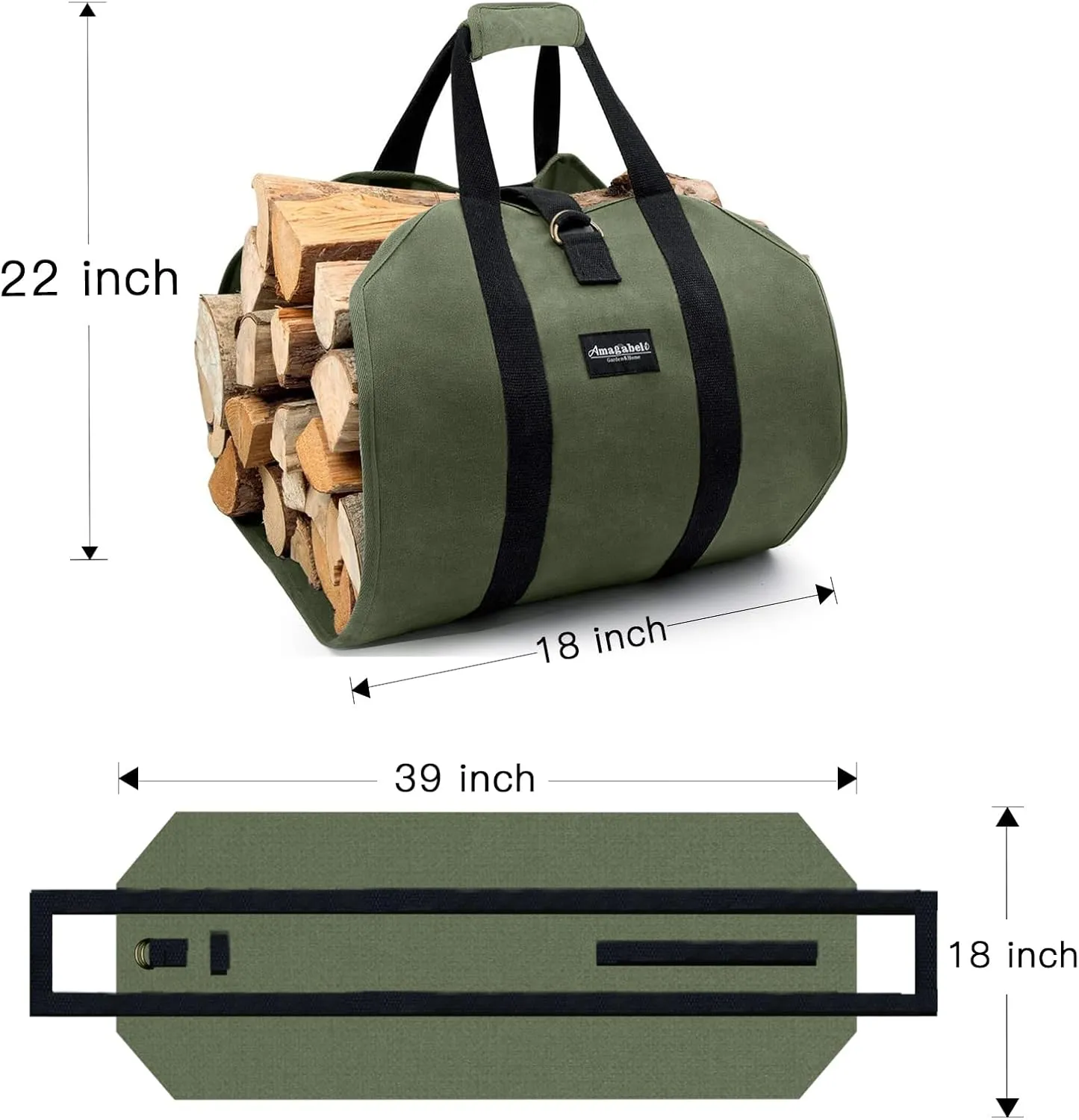 Amagabeli Firewood Carrier Bag Canvas Waxed Large Firewood Log Tote Carrying Indoor Bag Firewood Tote Fire Place Log Holders Outdoor Fire Wood Carrier with Handless Wood Stove Accessories Green