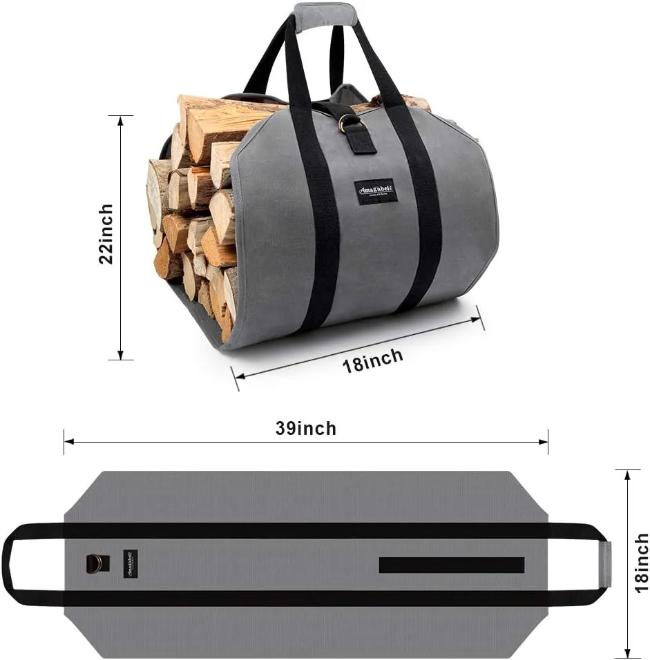 Amagabeli Firewood Carrier Tote Waxed Canvas Log Tote Carrying Bag Wood Carrier Bag with Handles Security Strap for Camping Indoor Firewood Logs Tote Log Holder Birchwood Stand Gray BG291