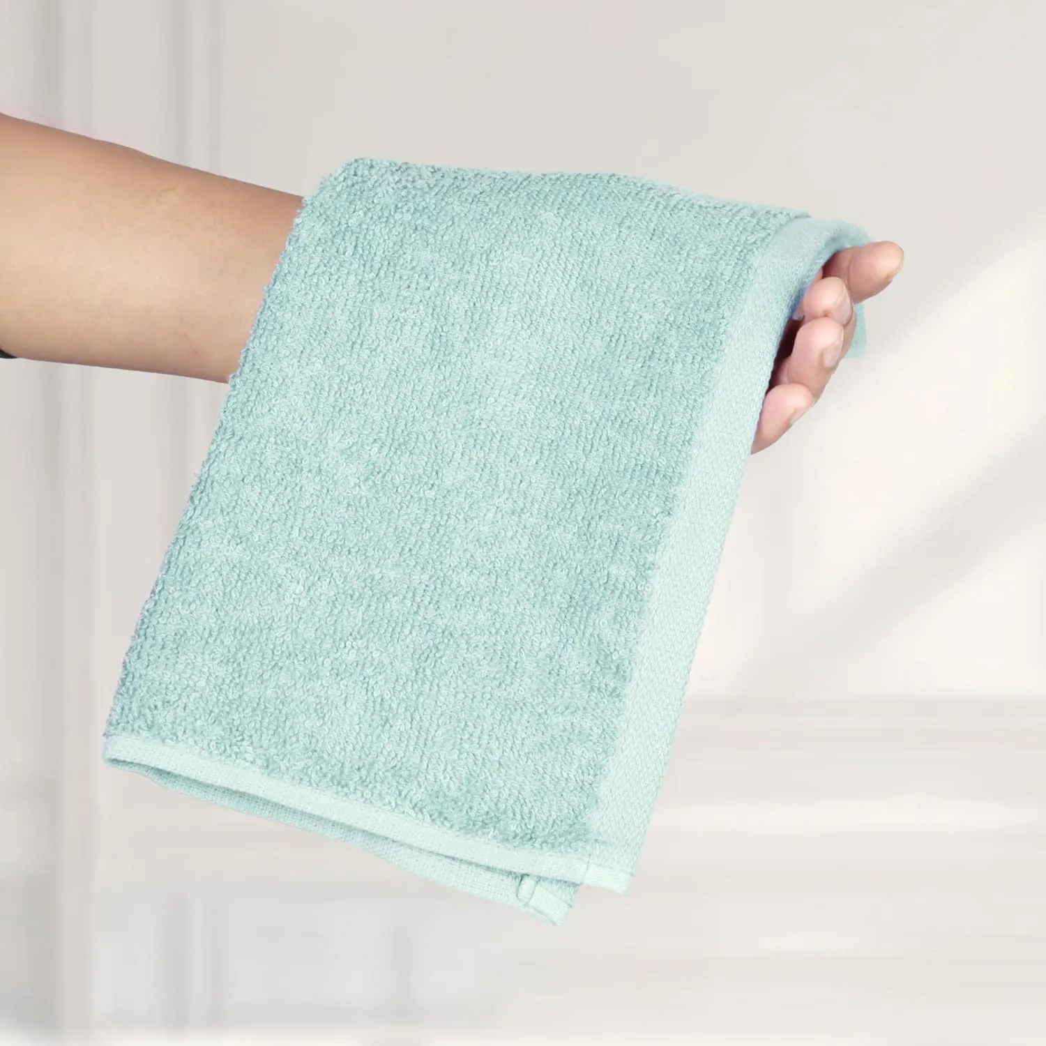 Amazon Basics Cotton Washcloths for Bathroom, Fast Drying, Extra Absorbent, 12 x 12 in, Seafoam Green, Ice Blue, White, 24-Pack