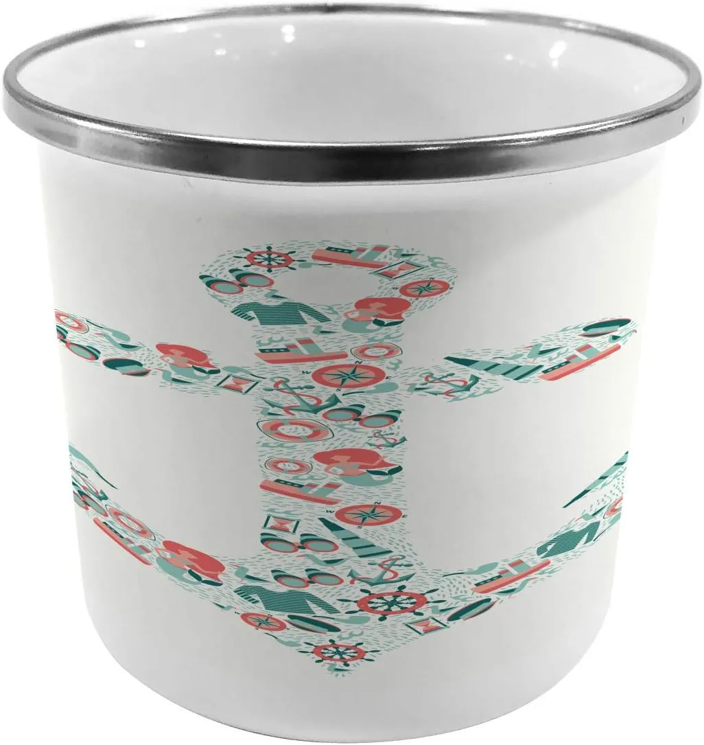 Ambesonne Anchor Steel Camping Mug, Nautical Shape with Binoculars Captain Hat Compass Mermaids, Printed Thermal Cup for Camping and Outdoor Activities, Seafoam Coral Teal