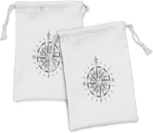 Ambesonne Compass Fabric Pouch Set of 2, Hand Drawn Compass with the Face of the Sun on Directions North South East West Sailing, Small Drawstring Bag for Toiletries Masks and Favors, 9" x 6", Grey