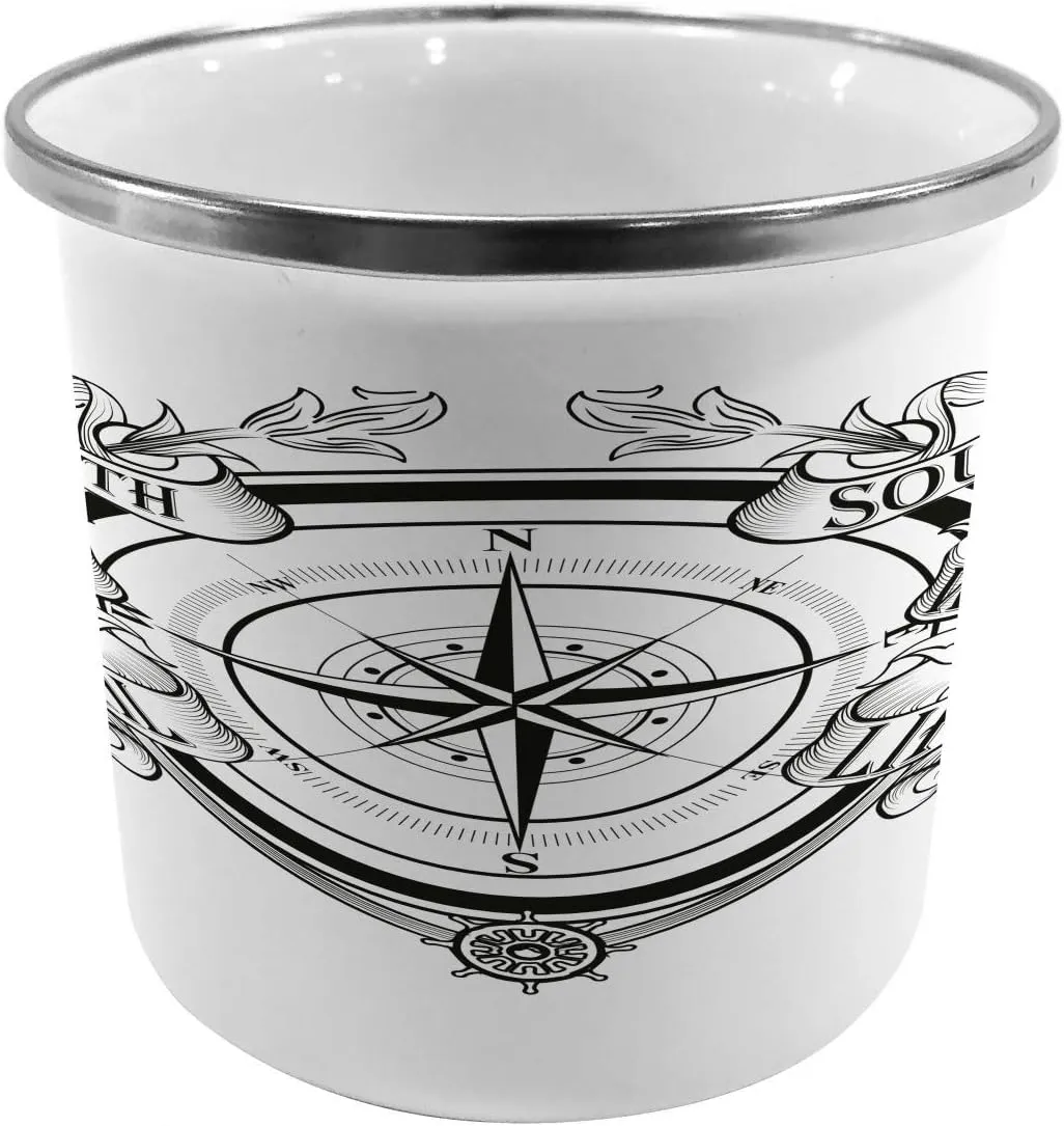 Ambesonne Compass Metal Camping Cup, Navigation Device Direction Flares Sail Life Marine Inspired Windrose Work of Art, Stainless Steel Mug for Indoor and Outdoor Activities, Black White