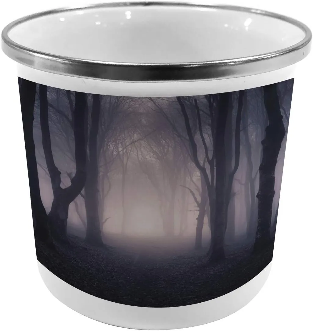 Ambesonne Forest Metal Camping Cup, Path in Dark Deep in Forest with Fog Halloween Creepy Twisted Branches Picture, Stainless Steel Mug for Indoor and Outdoor Activities, Dark Grey Purple
