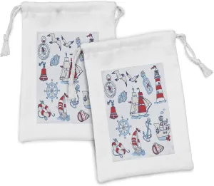 Ambesonne Nautical Fabric Pouch Set of 2, Symbolic Sea Creatures Navigation Gulls Compass Holiday Shell Water Design, Small Drawstring Bag for Toiletries Masks and Favors, 9" x 6", Blue Red