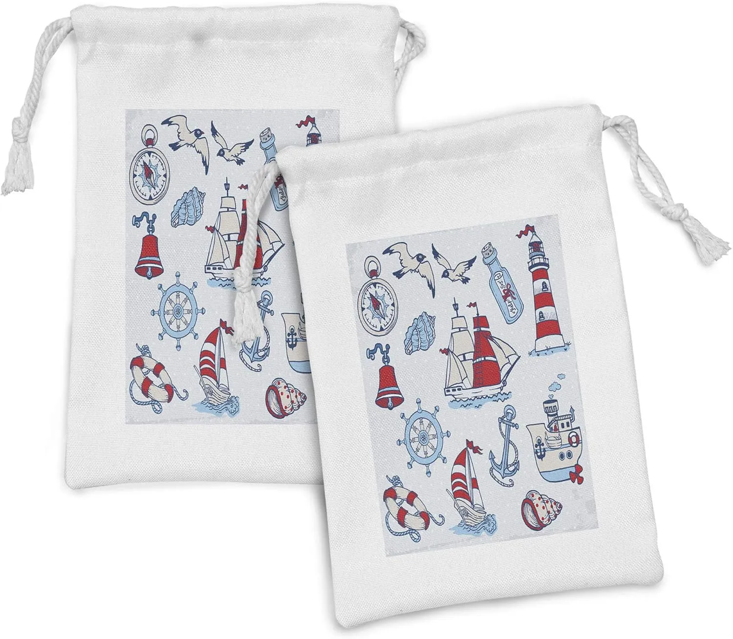 Ambesonne Nautical Fabric Pouch Set of 2, Symbolic Sea Creatures Navigation Gulls Compass Holiday Shell Water Design, Small Drawstring Bag for Toiletries Masks and Favors, 9" x 6", Blue Red