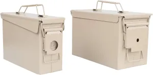 Ammo Storage Box Set of 2 - Tan .30 and .50 Caliber Ammunition Flip Top Lockable Storage - Waterproof Metal Military Ammo Can Container - Airtight Latching Dry Bullet Steel Field Box