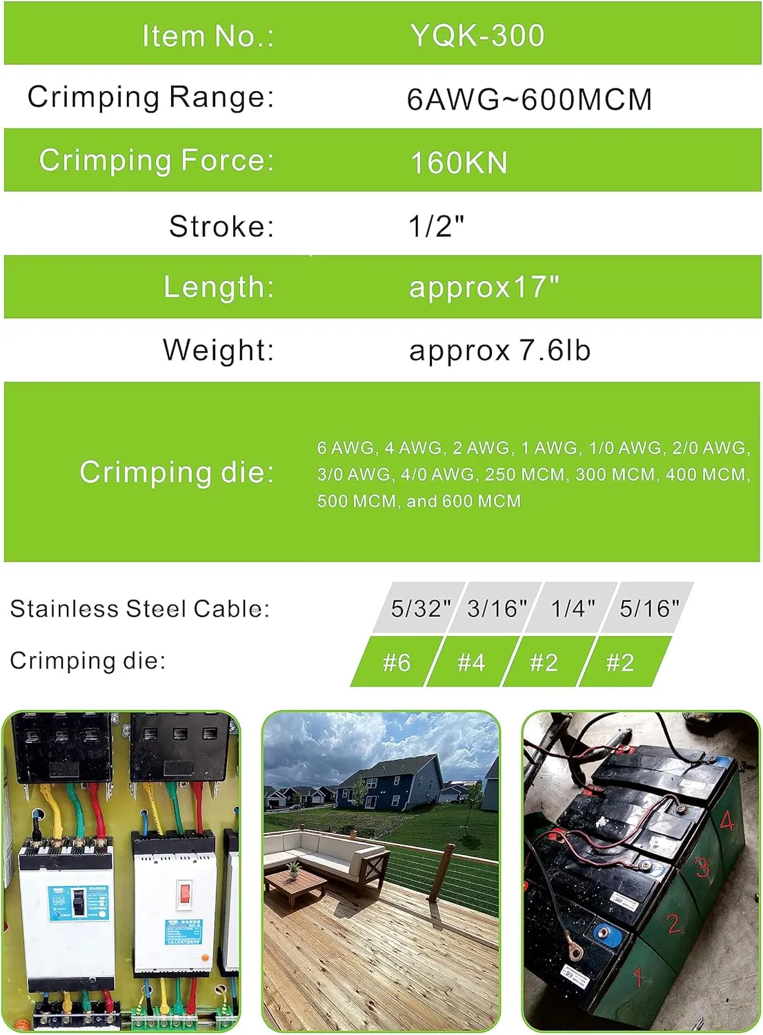 AMZCNC 16 Ton Hydraulic Wire Crimper Battery Cable Lug Terminal Crimping Tool WIth Standard US cable Dies,Crimps 6 AWG to 600 MCM, Cable Crimping Tool ​with 13 Pairs of Standard US cable Dies