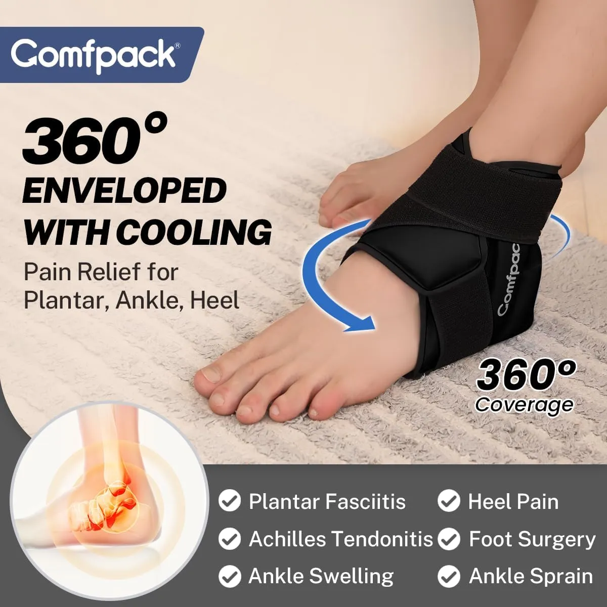 Ankle Ice Pack Wrap for Swelling, Heel Ice Pack for Pain Relief, Hot Cold Therapy Foot Ice Pack Wrap for Plantar Fasciitis, Achilles Tendonitis, Ankle Sprain, Swelling, Heel Spur, Black
