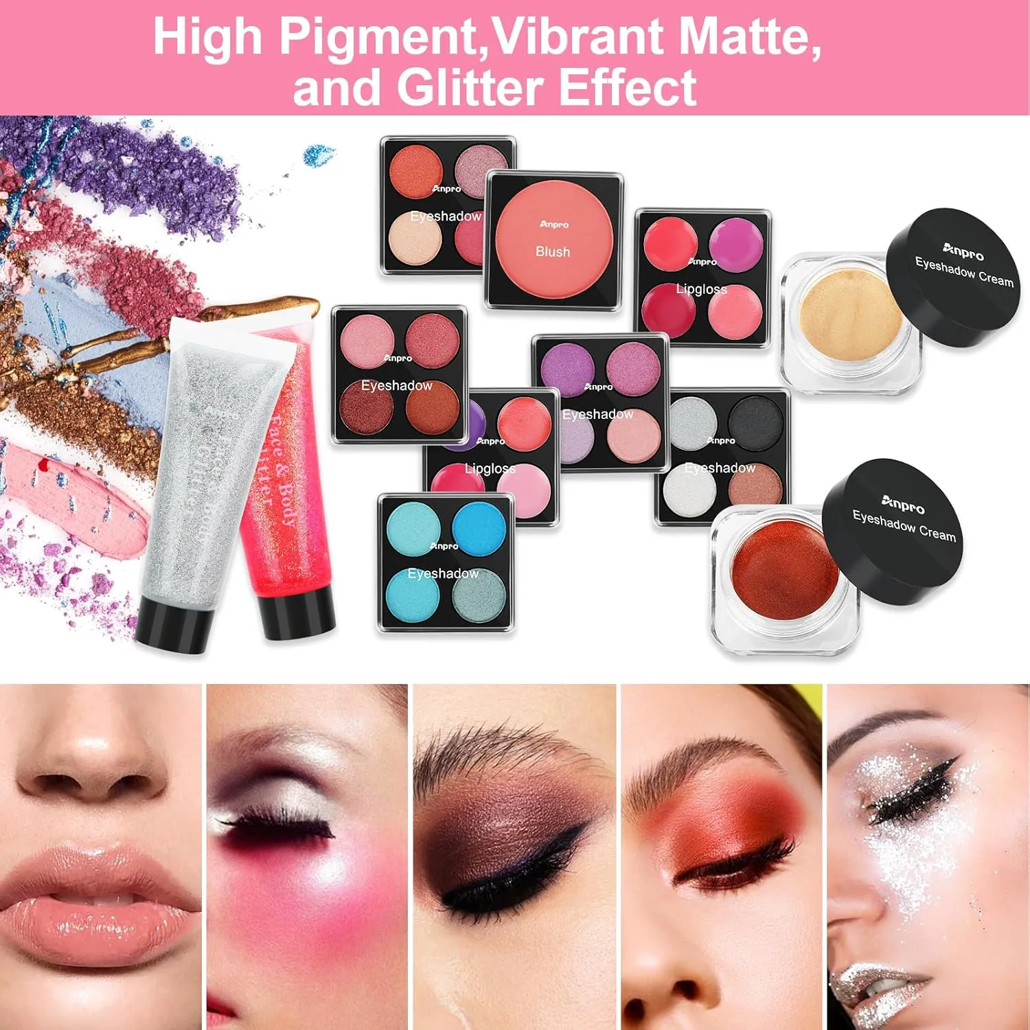 Anpro All-In-One Makeup Carry Case with Pro Teen Makeup Set, Full Starter Cosmetics Kit with Makeup Brushes, Lipsticks, Eye Shadows Palette, Blushes, Glitter Gel-Purple