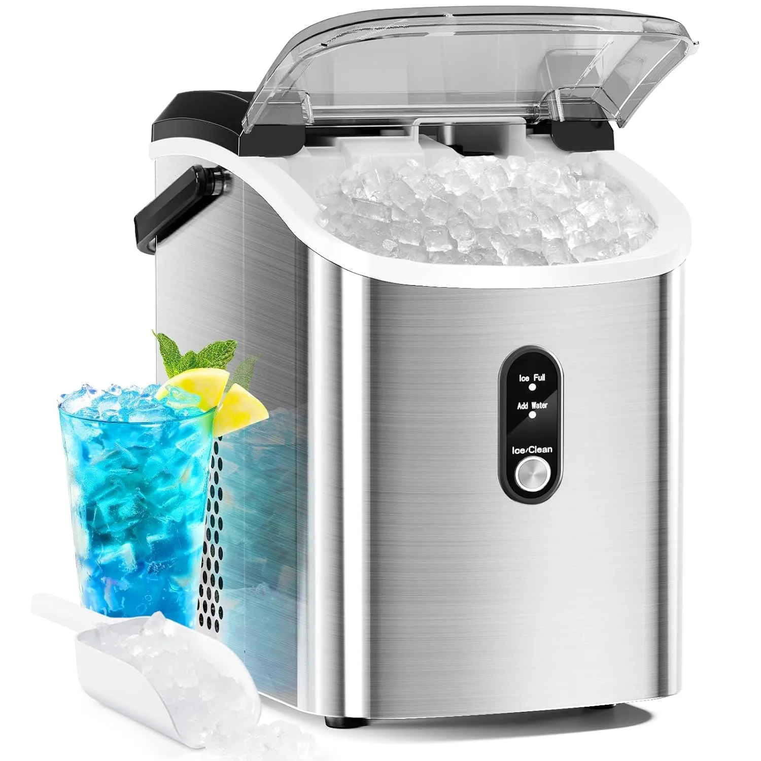 Antarctic Star Nugget Countertop Ice Maker with Soft Chewable Ice, 34Lbs/24H, Pebble Portable Ice Machine with Ice Scoop, Self-Cleaning, One Button Operation, for Kitchen,Office Stainless Steel Silver