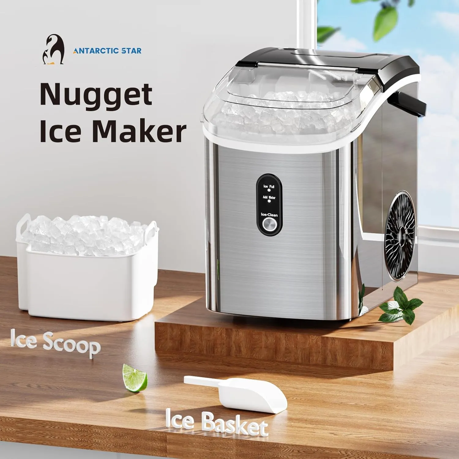 Antarctic Star Nugget Countertop Ice Maker with Soft Chewable Ice, 34Lbs/24H, Pebble Portable Ice Machine with Ice Scoop, Self-Cleaning, One Button Operation, for Kitchen,Office Stainless Steel Silver