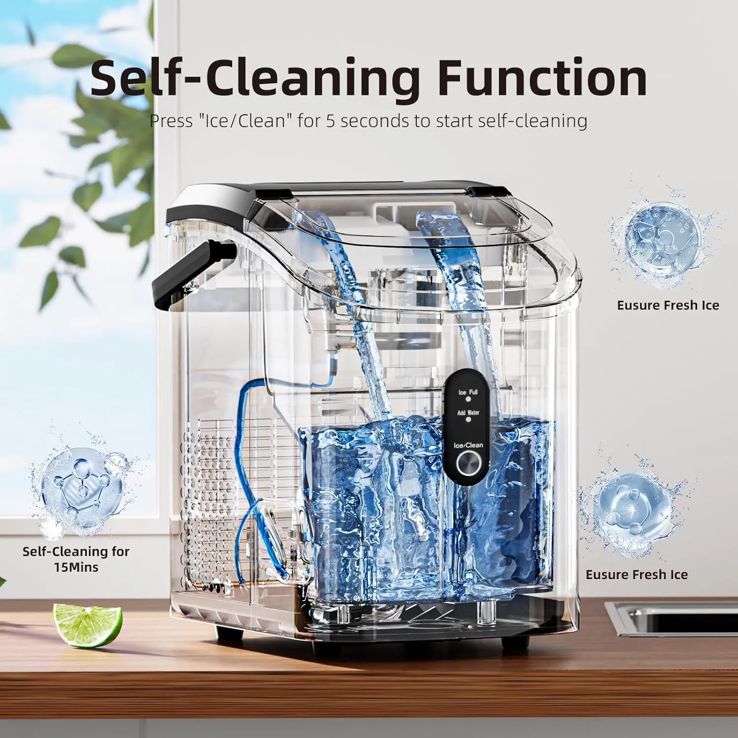 Antarctic Star Nugget Countertop Ice Maker with Soft Chewable Ice, 34Lbs/24H, Pebble Portable Ice Machine with Ice Scoop, Self-Cleaning, One Button Operation, for Kitchen,Office Stainless Steel Silver