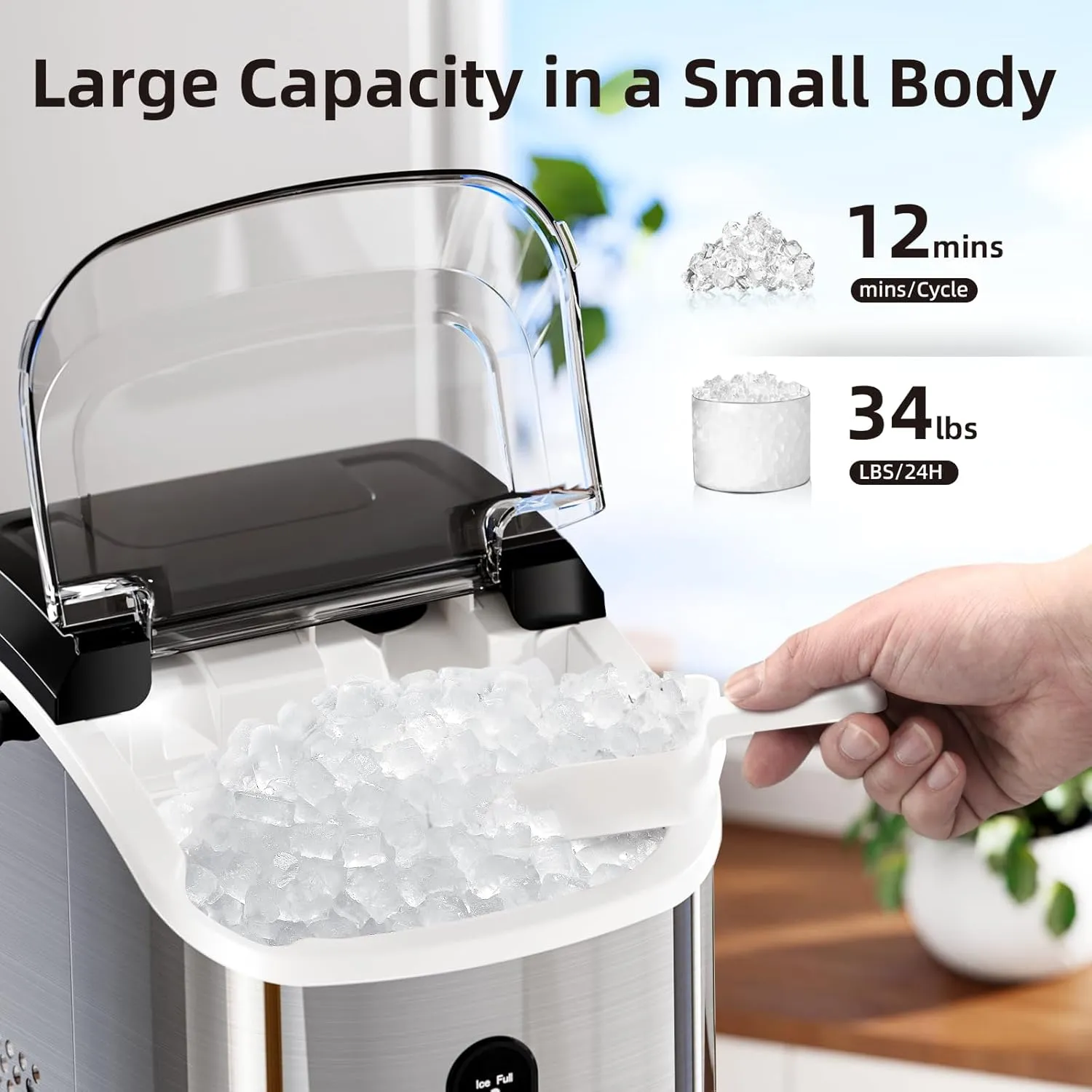 Antarctic Star Nugget Countertop Ice Maker with Soft Chewable Ice, 34Lbs/24H, Pebble Portable Ice Machine with Ice Scoop, Self-Cleaning, One Button Operation, for Kitchen,Office Stainless Steel Silver