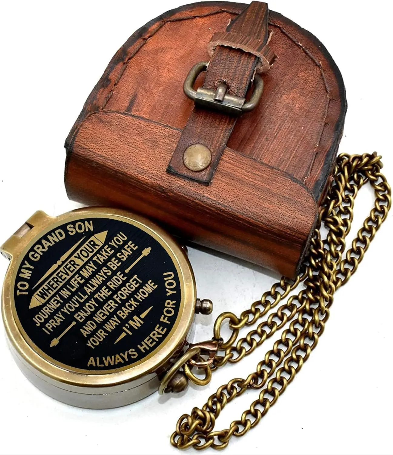 Antique Brass 2 Inch Compass |to My Grand Son Enjoy The Ride and Never Forget Your Way Back Home | Engraved Pocket Chain Compass with Leather Case for Outdoor Hiking Traveling Use