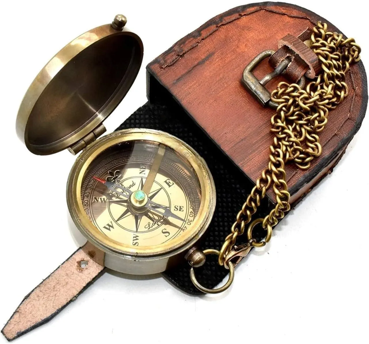 Antique Brass Compass with Leather Case - Premium Engraved Brass Nautical Navigational Tool for Hiking - Personalized Pocket Compass to Son, Dad, Mon from Son Gift