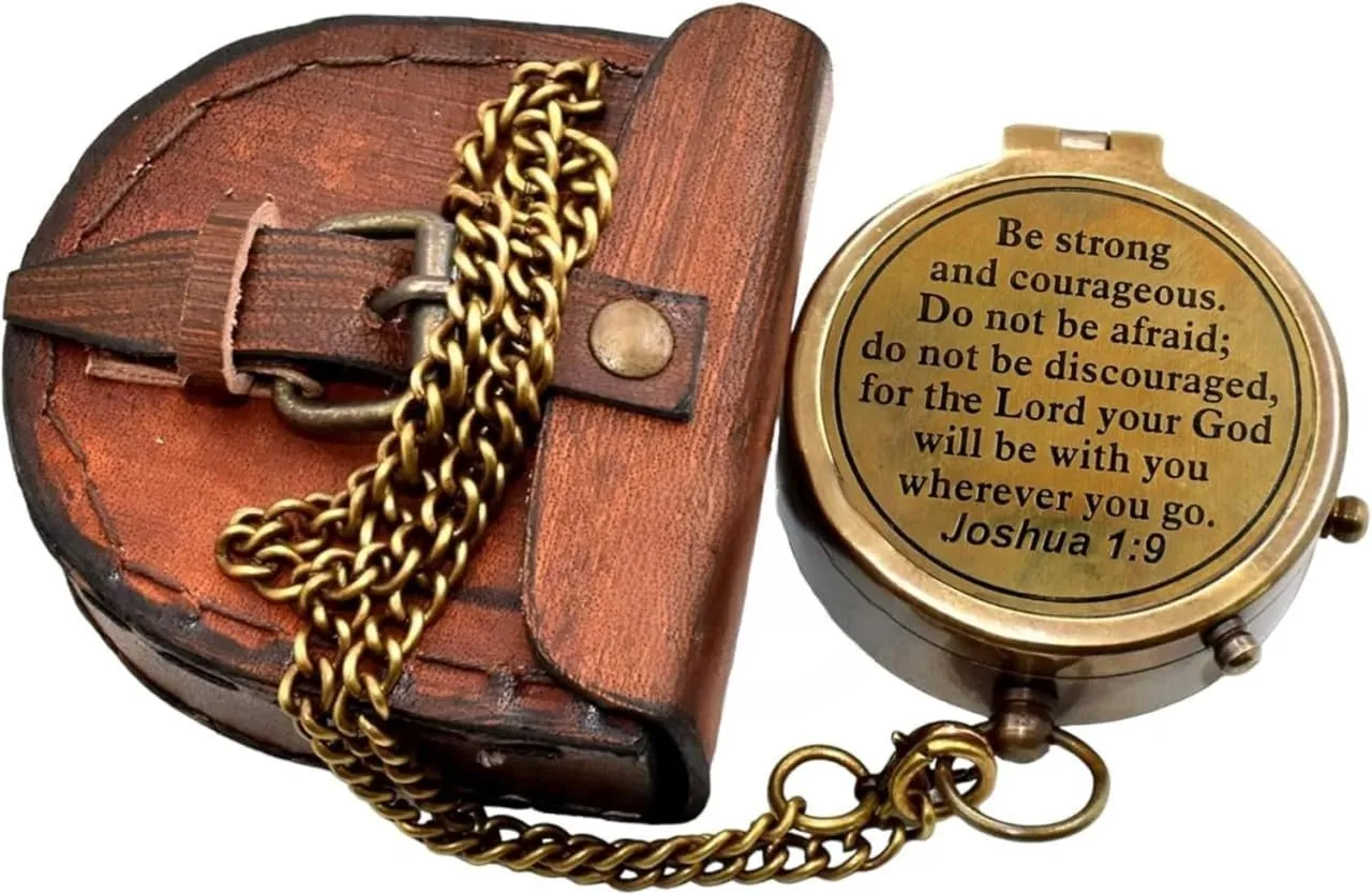 Antique Brass Compass with Leather Case - Premium Engraved Brass Nautical Navigational Tool for Hiking - Personalized Pocket Compass to Son, Dad, Mon from Son Gift