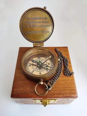 Antique Brass Compass with Wooden Box & Chain 2 Inch Push Button Open Pocket Compass for Hiking Travelling Camping & Navigation Tool