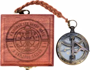 Antique Brass Sundial Compass with Leather Strap Engraved Wooden Box Vintage Navigation Tool for Hiking Camping Boating Nautical Decor Educational Use