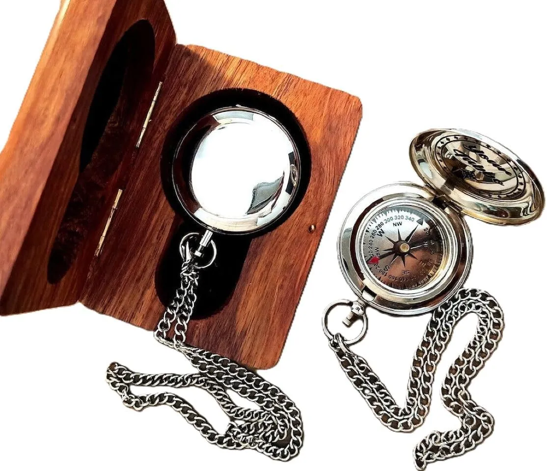 Antique Nautical Brass Compass With Premium Rose Wood Box - Handmade Personalize Pocket Directional Magnetic Compass - Vintage Quote Engraved Compass for Loved Ones, Son, Father, Love, Spouse, Fiancé.