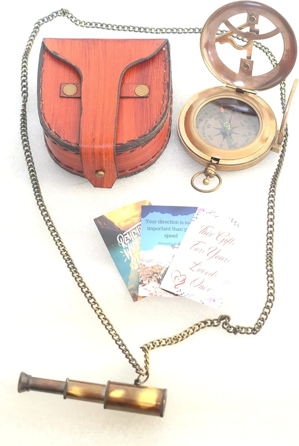 Antique Nautical Brass Sundial Compass, Directional Compass Tool for Camping Hiking Travelling Compass with Leather Case, Free Telescope Necklace Gift by ROYAL FALCON CRAFTS