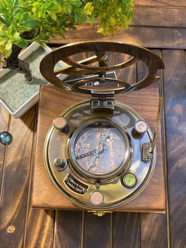 Antique Sundial Compass, Nautical Maritime Gilbert & Sons London Compass, Gold, SKHCOMP1