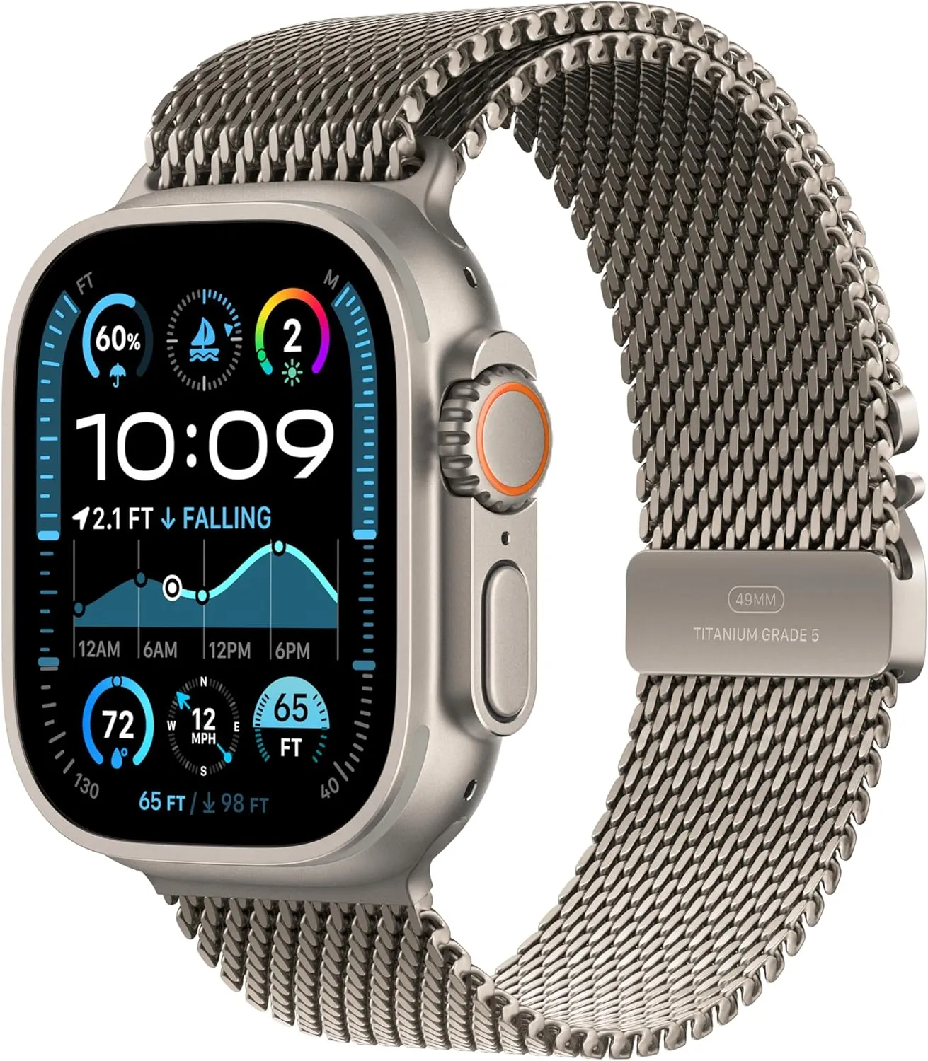 Apple Watch Ultra 2 [GPS   Cellular, 49mm] Natural Titanium Case with Natural Titanium Milanese Loop, Medium (Renewed)