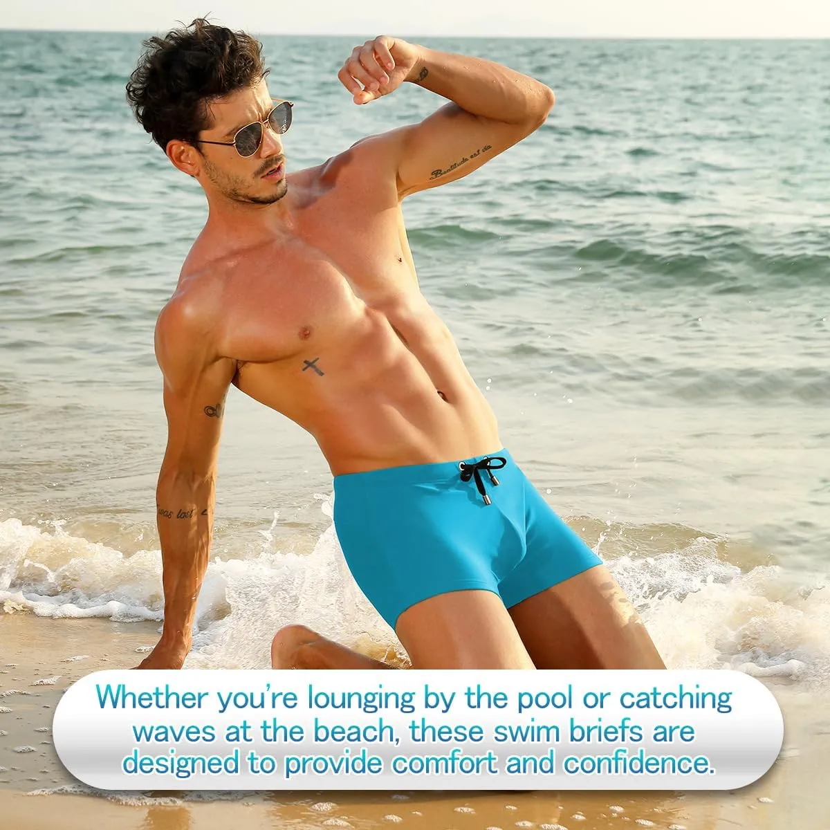 Arjen Kroos Men's Classic Solid Square Cut Swimwear Sexy Tight Swimming Trunks Tan Through Bikini Swim Briefs