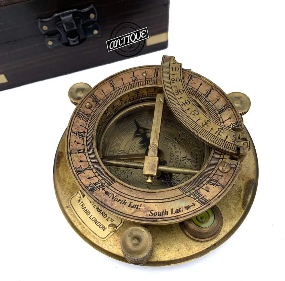 AV Nautical Sundial Brass Compass with Wooden Box - Gifts for Father/Brother/Sailor/Marine