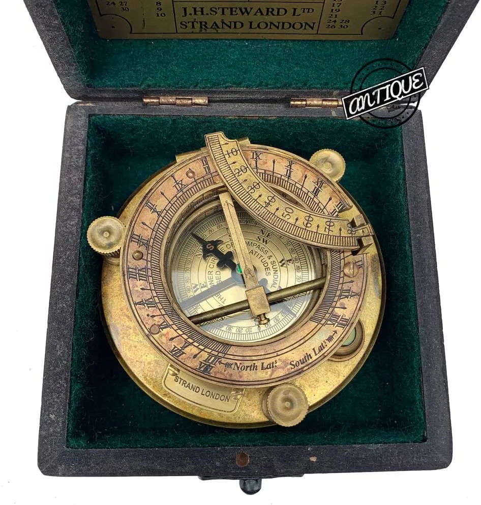 AV Nautical Sundial Brass Compass with Wooden Box - Gifts for Father/Brother/Sailor/Marine