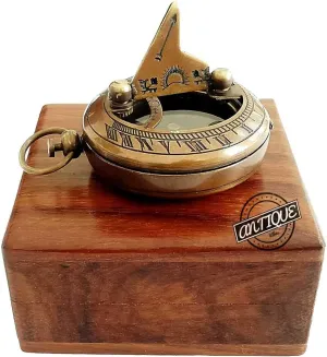 AV Sundial Compass Push Knob Pocket GPS Magnetic Needle Working Sun-Diel with Wooden Box/Case