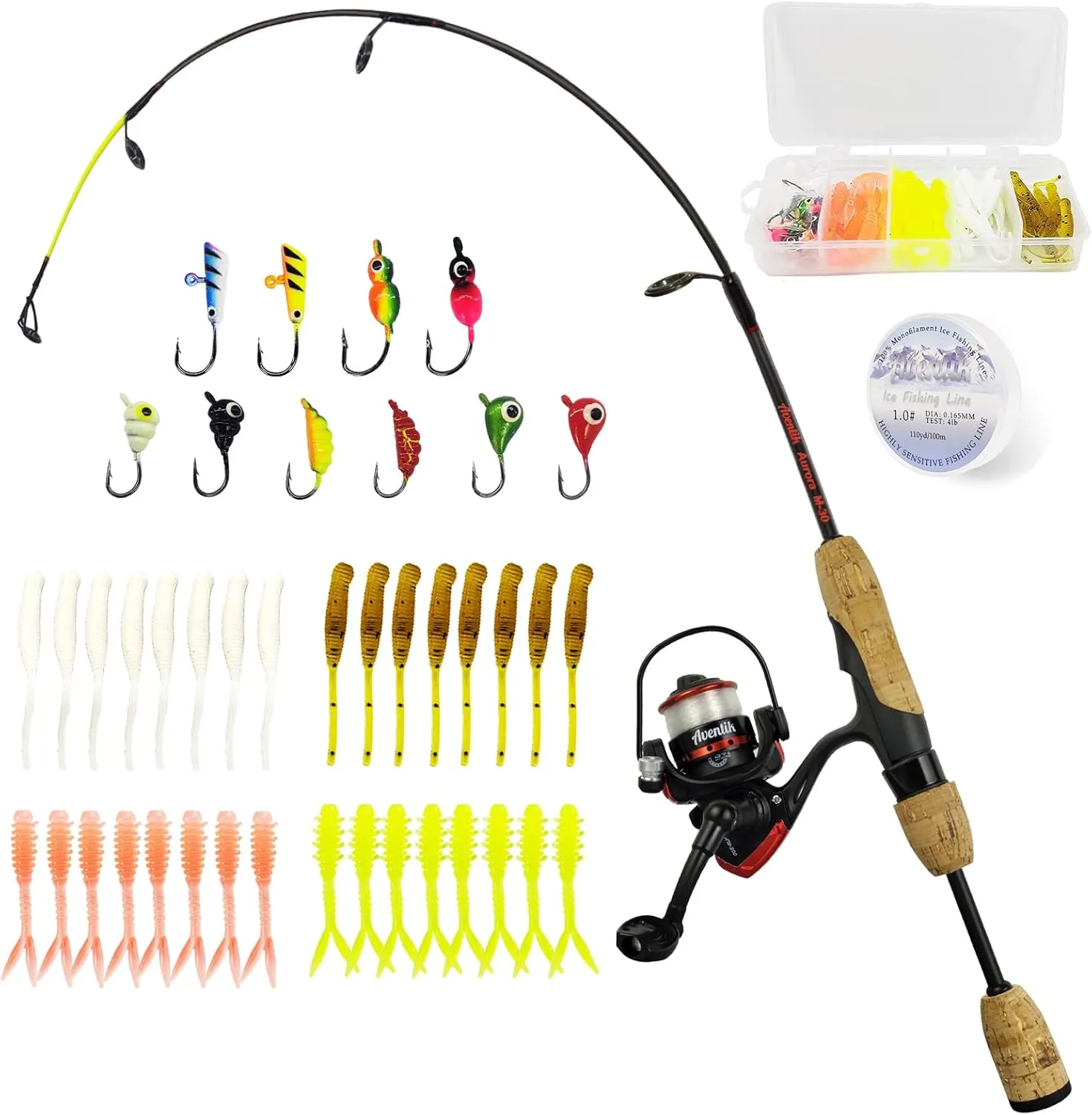 Aventik Ultralight Ice Fishing Rod and Reel Combo 26/28/30/32 inch Medium Light Fast Action Multi-Species Ice Fishing Combos for Walleye Perch Panfish