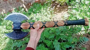 AXE013AM FS Crafts 24.00" Custom Handmade Double Blade Viking Axe Hand Forged Carbon Steel Hunting Axe Hatchet with Leather Sheath Gorgeous Wood Handle Outdoors Fishing Camping Knife