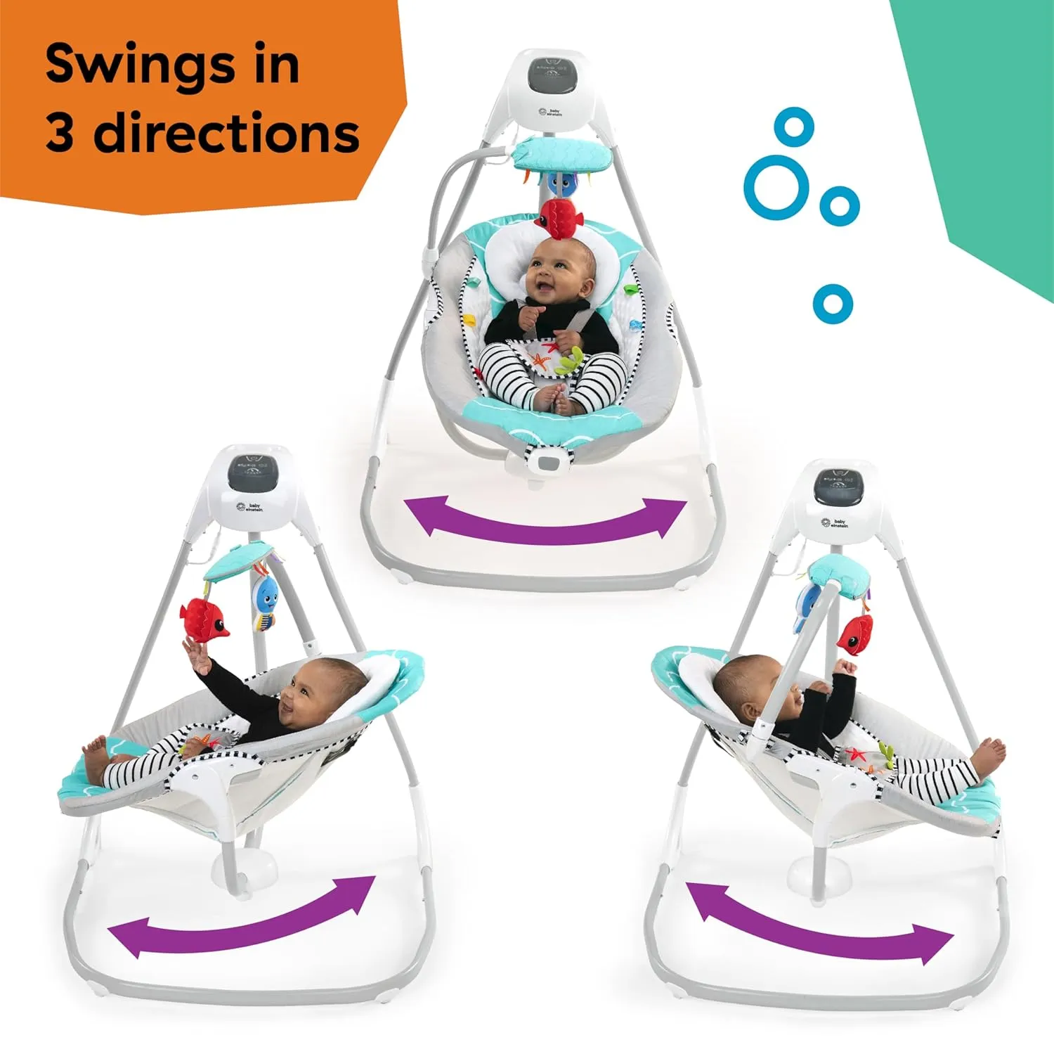 Baby Einstein Ocean Explorers Musical Compact, Lightweight Baby Swing, 6-Speed Multi-Direction, Vibrations, Music, Sounds, 0-9 Months - Grey