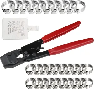 Beaquicy PEX Clamp Cinch Tool Crimping Tool - Include 1 PEX Clamp Cinch Tool Crimping Tool, 20pcs 1/2-inch Stainless Steel Clamps, 10pcs 3/4-inch Stainless Steel Clamps